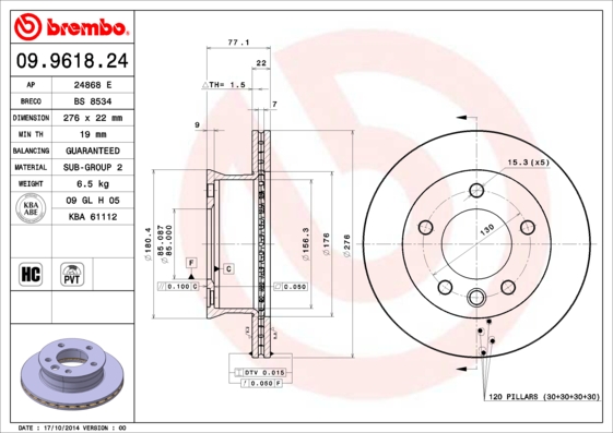 A.B.S. 09.9618.24 BREMBO Bremsscheibe