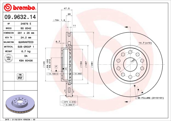 A.B.S. 09.9632.14 BREMBO Bremsscheibe