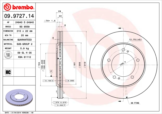 A.B.S. 09.9727.14 BREMBO Bremsscheibe