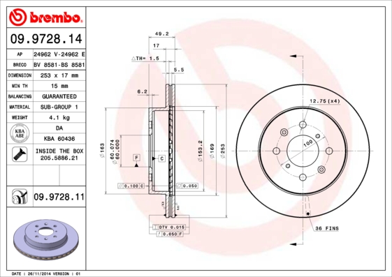A.B.S. 09.9728.11 BREMBO COATED DISC LINE Bremsscheibe
