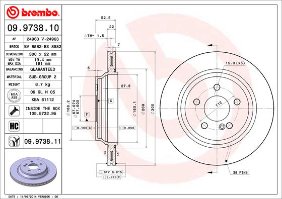 A.B.S. 09.9738.11 BREMBO COATED DISC LINE Bremsscheibe