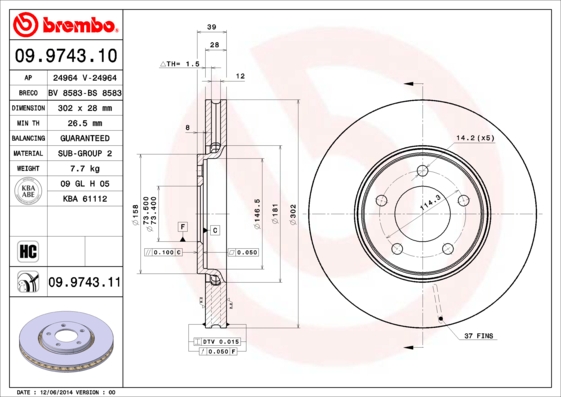 A.B.S. 09.9743.11 BREMBO COATED DISC LINE Bremsscheibe