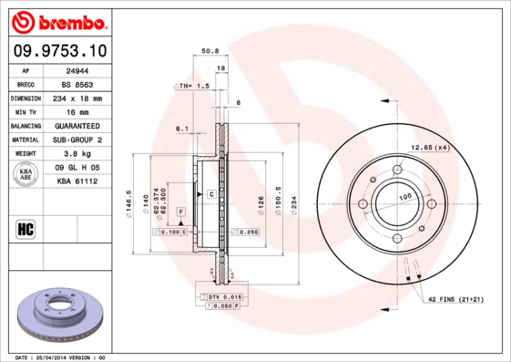 A.B.S. 09.9753.10 BREMBO Bremsscheibe