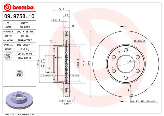 A.B.S. 09.9758.10 BREMBO Bremsscheibe