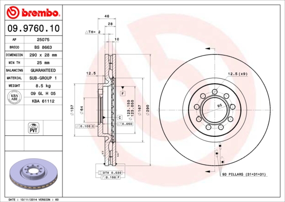 A.B.S. 09.9760.10 BREMBO Bremsscheibe