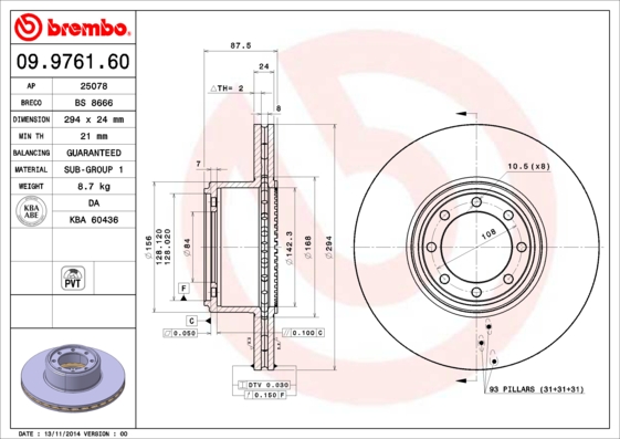 A.B.S. 09.9761.60 BREMBO Bremsscheibe