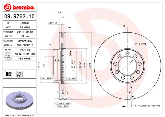 A.B.S. 09.9762.10 BREMBO Bremsscheibe