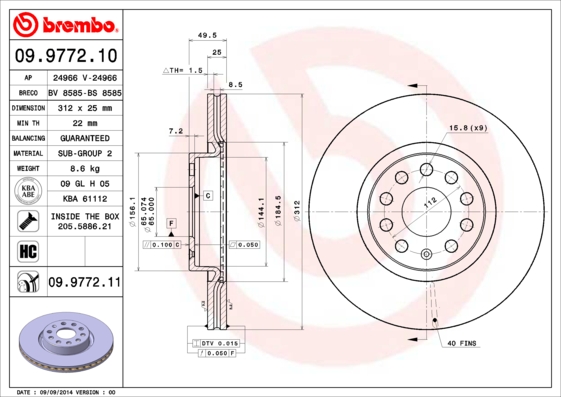 A.B.S. 09.9772.11 BREMBO COATED DISC LINE Bremsscheibe