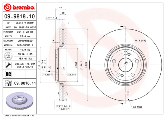 A.B.S. 09.9818.11 BREMBO COATED DISC LINE Bremsscheibe