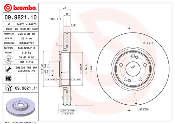 A.B.S. 09.9821.11 BREMBO COATED DISC LINE Bremsscheibe