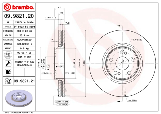A.B.S. 09.9821.21 BREMBO COATED DISC LINE Bremsscheibe