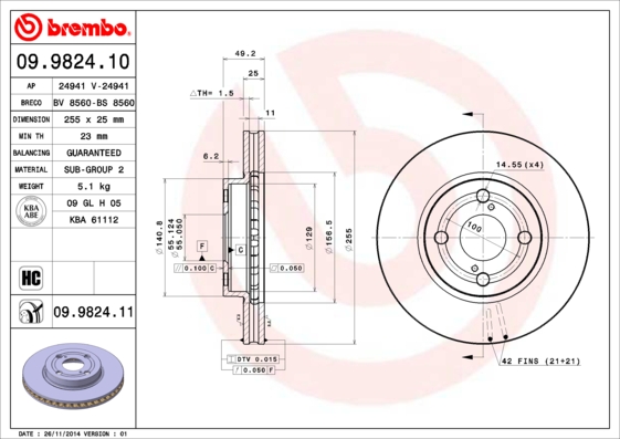 A.B.S. 09.9824.11 BREMBO COATED DISC LINE Bremsscheibe
