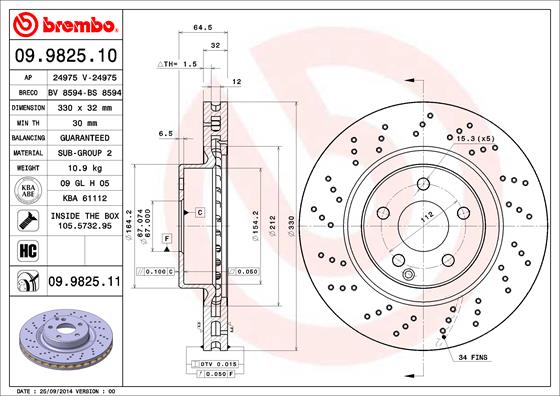 A.B.S. 09.9825.11 BREMBO COATED DISC LINE Bremsscheibe