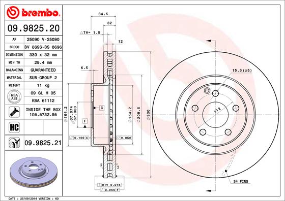 A.B.S. 09.9825.21 BREMBO COATED DISC LINE Bremsscheibe