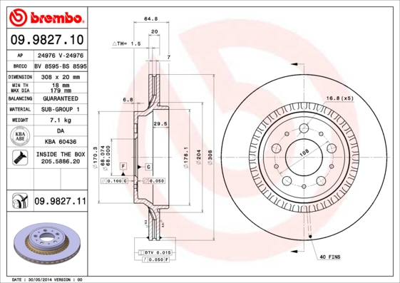 A.B.S. 09.9827.11 BREMBO COATED DISC LINE Bremsscheibe
