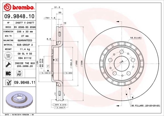 A.B.S. 09.9848.11 BREMBO COATED DISC LINE Bremsscheibe