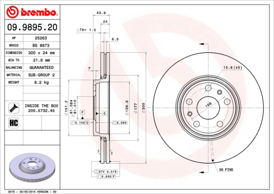 A.B.S. 09.9895.20 BREMBO Bremsscheibe