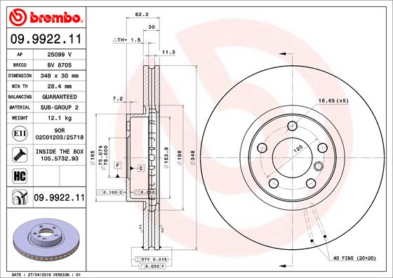 A.B.S. 09.9922.11 BREMBO COATED DISC LINE Bremsscheibe