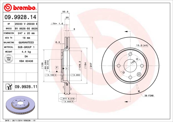A.B.S. 09.9928.11 BREMBO COATED DISC LINE Bremsscheibe