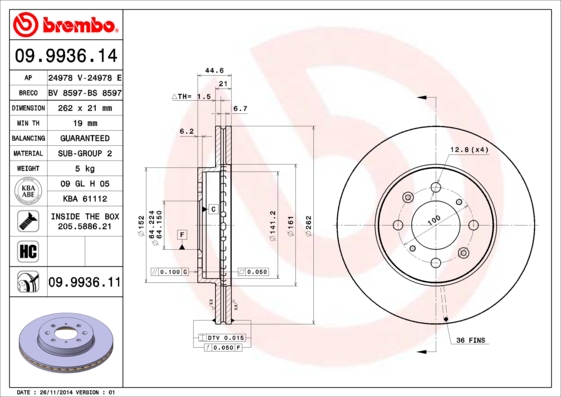 A.B.S. 09.9936.11 BREMBO COATED DISC LINE Bremsscheibe