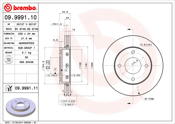 A.B.S. 09.9991.11 BREMBO COATED DISC LINE Bremsscheibe