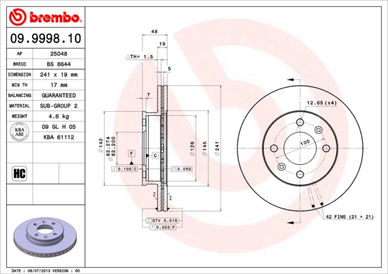 A.B.S. 09.9998.10 BREMBO Bremsscheibe