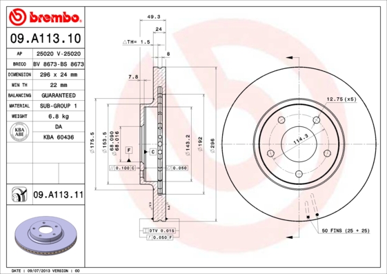 A.B.S. 09.A113.11 BREMBO COATED DISC LINE Bremsscheibe