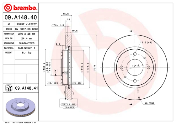 A.B.S. 09.A148.41 BREMBO COATED DISC LINE Bremsscheibe