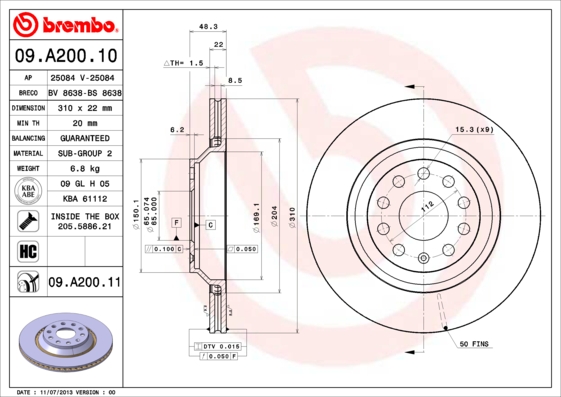 A.B.S. 09.A200.11 BREMBO COATED DISC LINE Bremsscheibe