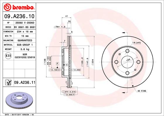 A.B.S. 09.A236.11 BREMBO COATED DISC LINE Bremsscheibe