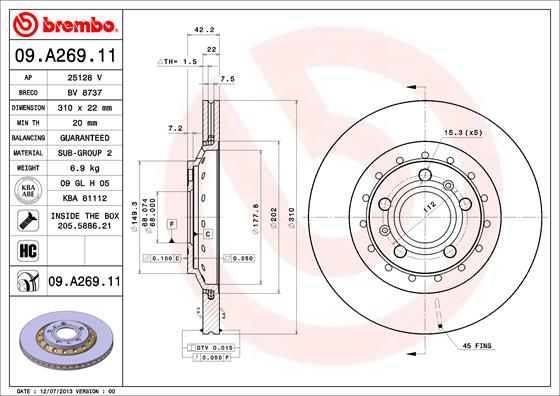 A.B.S. 09.A269.11 BREMBO COATED DISC LINE Bremsscheibe
