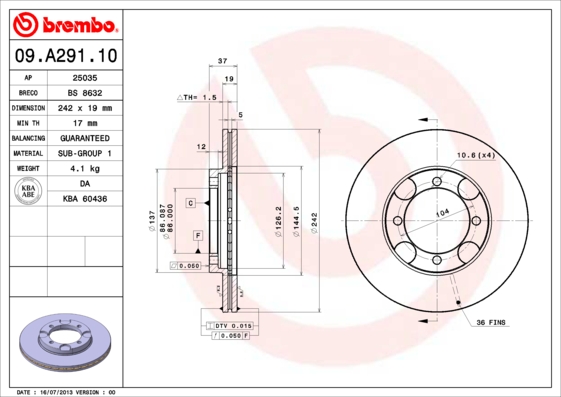 A.B.S. 09.A291.10 BREMBO Bremsscheibe