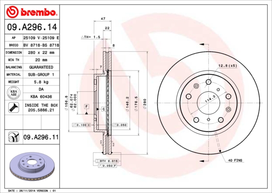 A.B.S. 09.A296.11 BREMBO COATED DISC LINE Bremsscheibe