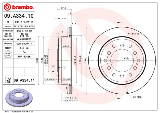 A.B.S. 09.A334.11 BREMBO COATED DISC LINE Bremsscheibe