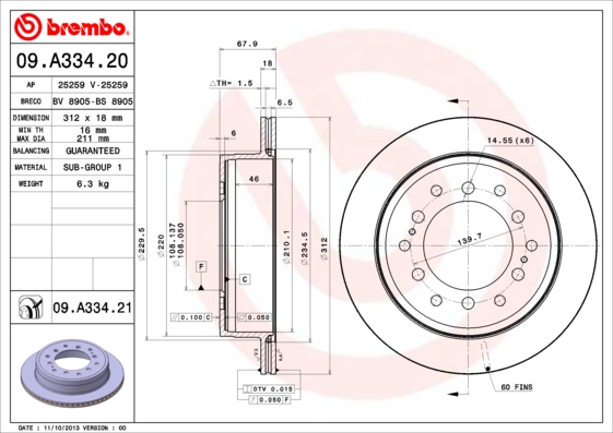 A.B.S. 09.A334.21 BREMBO COATED DISC LINE Bremsscheibe