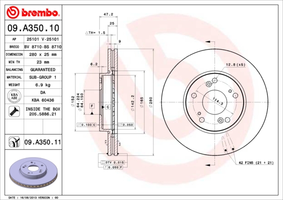 A.B.S. 09.A350.11 BREMBO COATED DISC LINE Bremsscheibe