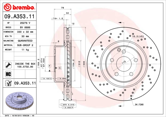 A.B.S. 09.A353.11 BREMBO COATED DISC LINE Bremsscheibe