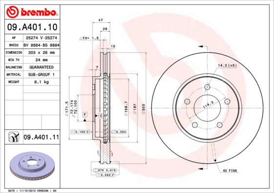 A.B.S. 09.A401.11 BREMBO COATED DISC LINE Bremsscheibe