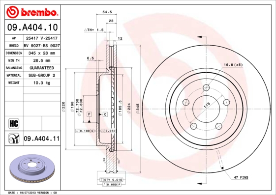 A.B.S. 09.A404.11 BREMBO COATED DISC LINE Bremsscheibe