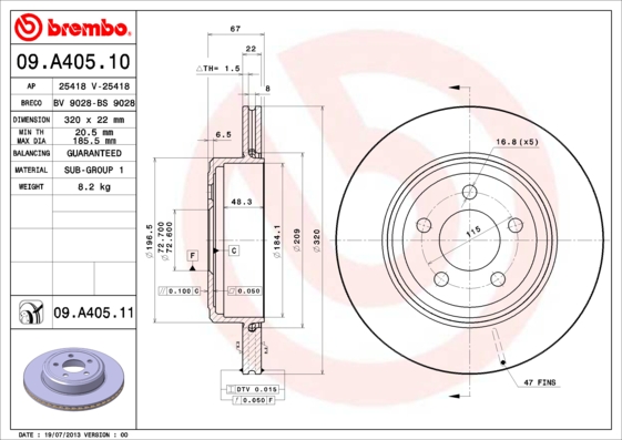A.B.S. 09.A405.11 BREMBO COATED DISC LINE Bremsscheibe