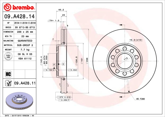 A.B.S. 09.A428.11 BREMBO COATED DISC LINE Bremsscheibe