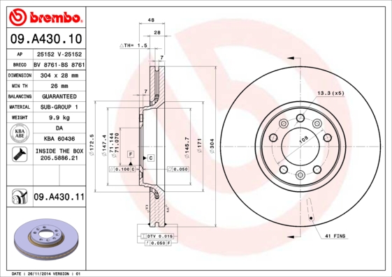 A.B.S. 09.A430.11 BREMBO COATED DISC LINE Bremsscheibe