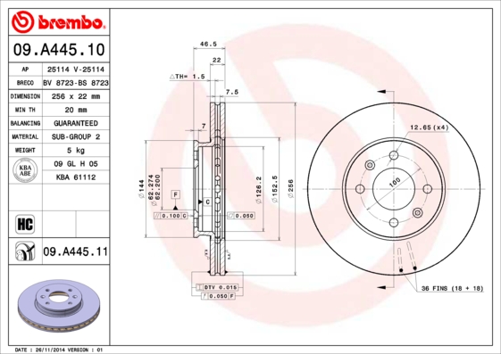 A.B.S. 09.A445.11 BREMBO COATED DISC LINE Bremsscheibe