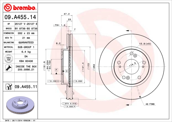 A.B.S. 09.A455.11 BREMBO COATED DISC LINE Bremsscheibe