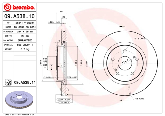 A.B.S. 09.A538.11 BREMBO COATED DISC LINE Bremsscheibe