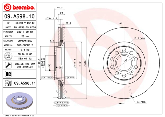 A.B.S. 09.A598.11 BREMBO COATED DISC LINE Bremsscheibe
