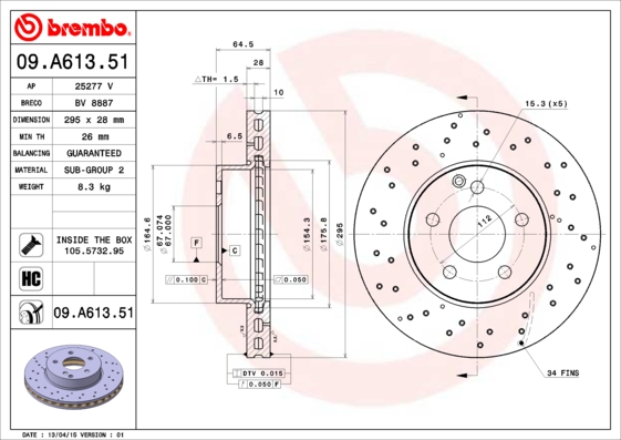 A.B.S. 09.A613.51 BREMBO COATED DISC LINE Bremsscheibe