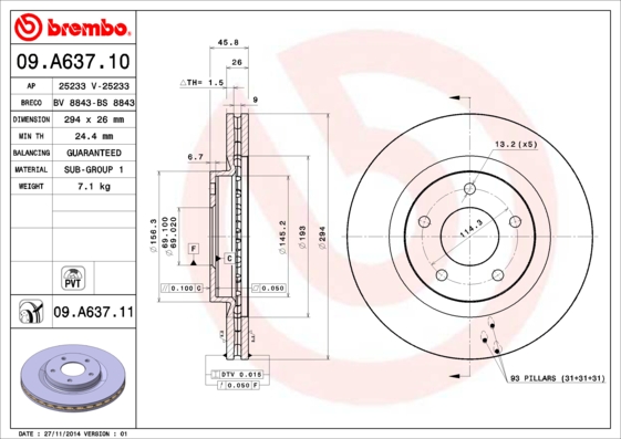 A.B.S. 09.A637.11 BREMBO COATED DISC LINE Bremsscheibe