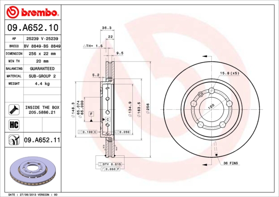A.B.S. 09.A652.11 BREMBO COATED DISC LINE Bremsscheibe
