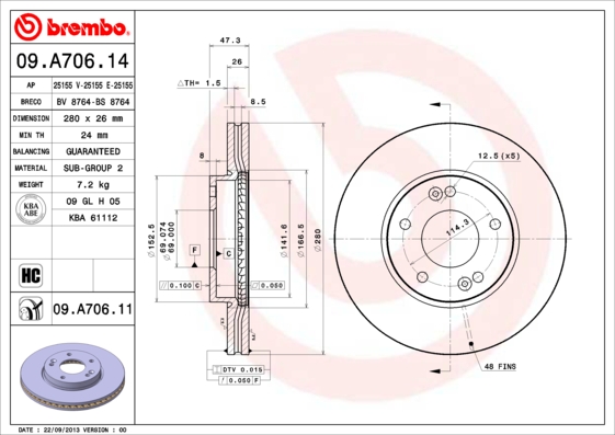 A.B.S. 09.A706.11 BREMBO COATED DISC LINE Bremsscheibe